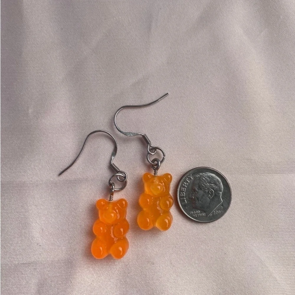 New Handmade Transparent Orange Sterling Silver Resin Gummy Bear Earrings